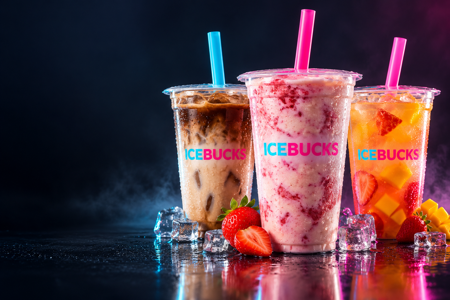 ICEBUCKS sealed iced coffee, thick ice-cream-based creation and fruit refresher